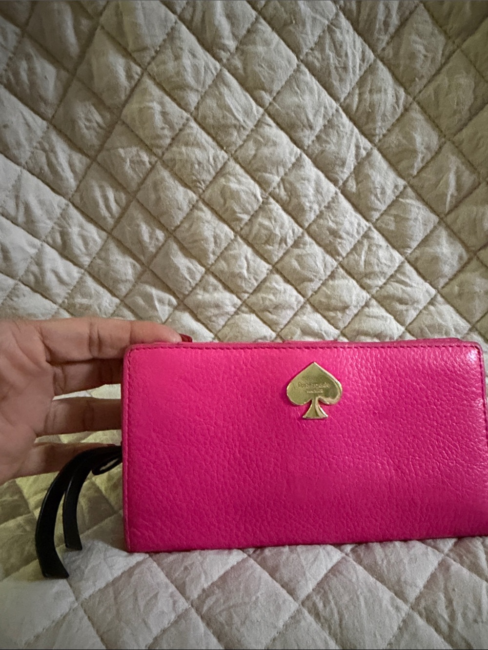 kate spade fuchsia leather zip-around wallet with gold spade logo